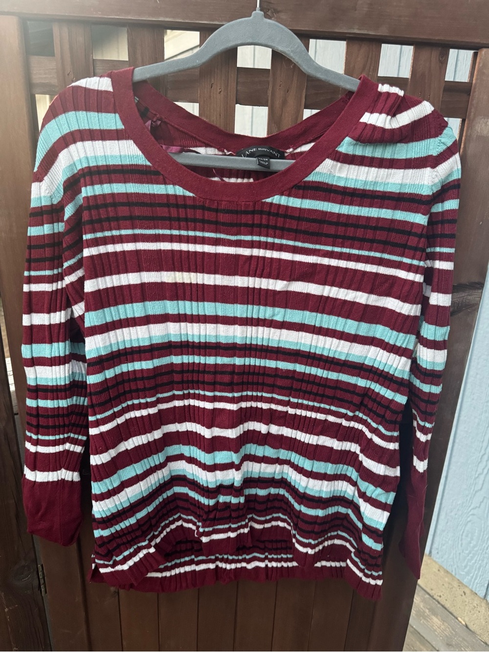 Lane Bryant Ribbed Striped Top in Burgundy, White & Mint